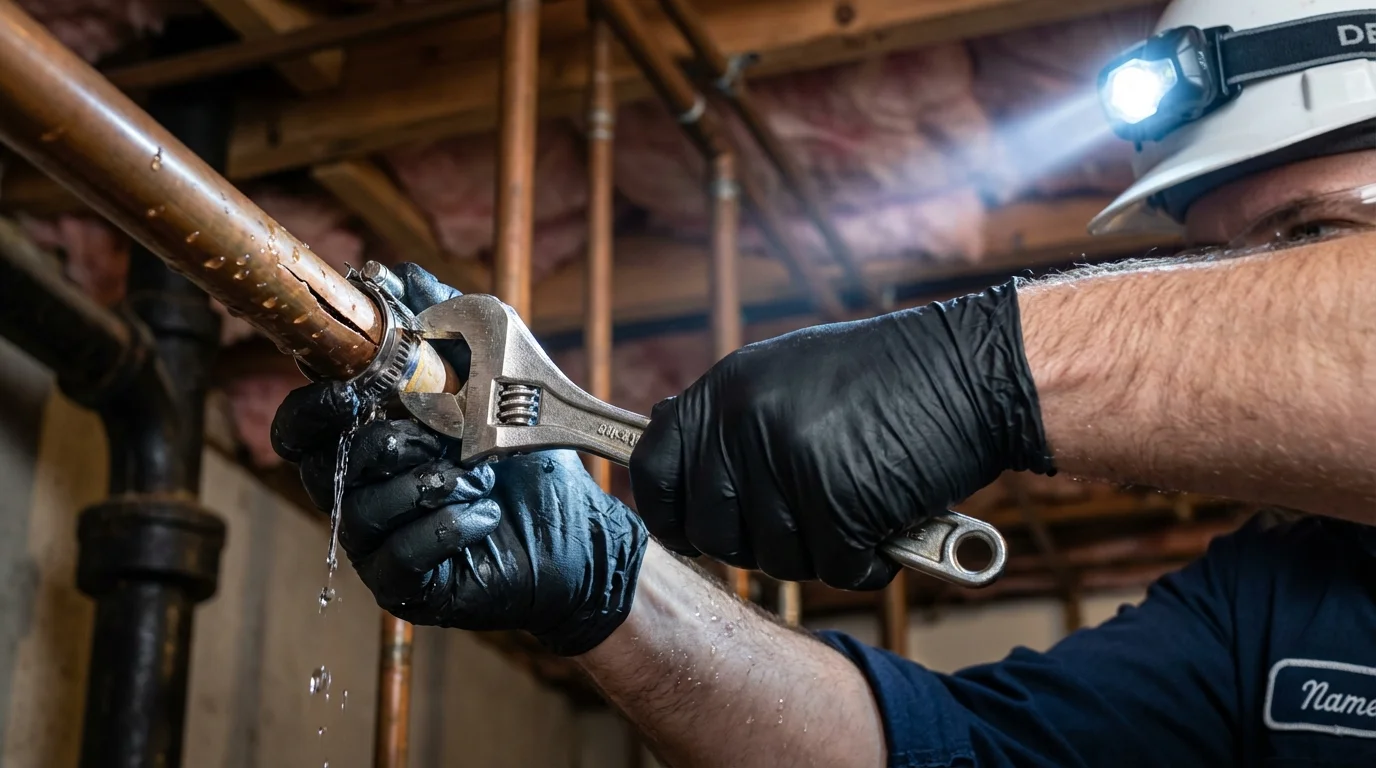 Emergency pipe clamp repair being performed by a Johns Plumbing LLC plumber in Robbins