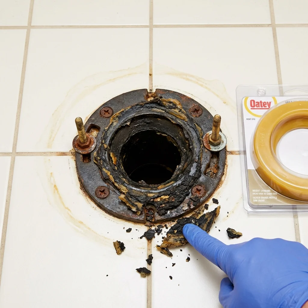 Failed wax ring showing water seepage at the base of a toilet in a Robbins, IL home
