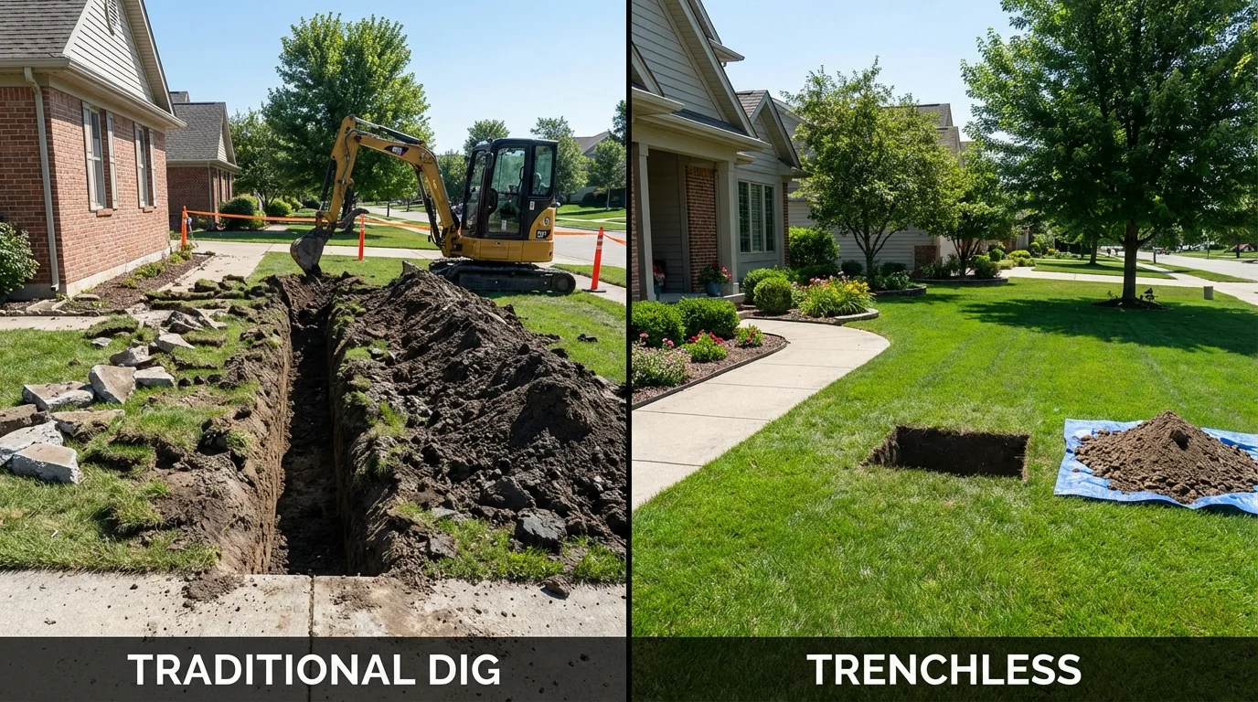 Trenchless sewer repair with minimal yard damage versus traditional excavation in Robbins, IL